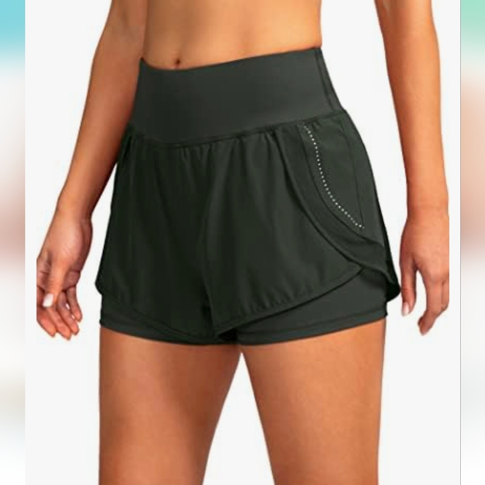 NWT YYV Women's Running Workout Shorts 2 in 1 High Waisted Athletic Shorts